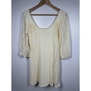 Aqua Dress Womens Large Ivory Crochet Knit Lined Scoop Neck 3/4 Sleeve Tunic